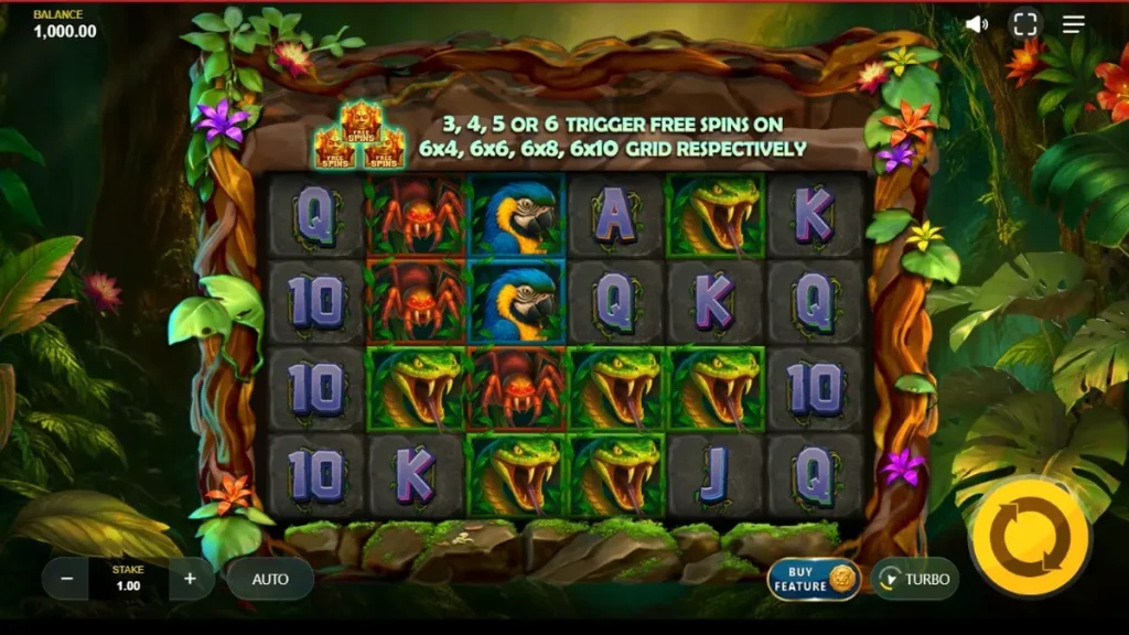 Pemandangan hutan eksotis dalam game slot Hit the Jungle dengan simbol-simbol misteri yang bercahaya.