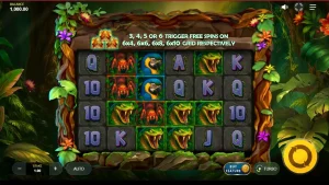 Pemandangan hutan eksotis dalam game slot Hit the Jungle dengan simbol-simbol misteri yang bercahaya.