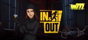 Tampilan visual slot In and Out dengan nuansa noir dan pencurian museum.